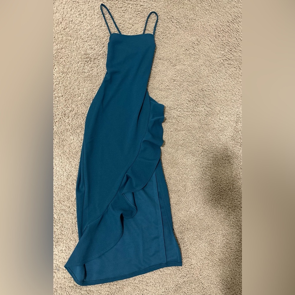 Ruched midi dress with slit (HUNTER) more like a teal SIZE: XS